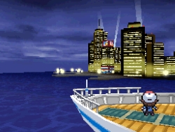 Castelia City seen from a cruise ship at night by a Trainer.