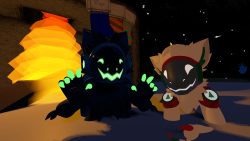 Two smiling protogen characters lay in the snow in front of a lit fireplace with holiday stockings hung up.