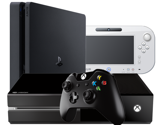 A collection of video game consoles with an Xbox One controller on the bottom of the image in the foreground, an Xbox One sits on the bottom of the image directly behind it, obscuring a PS4 on the left of the image and slightly obscures a Wii U gamepad on the right